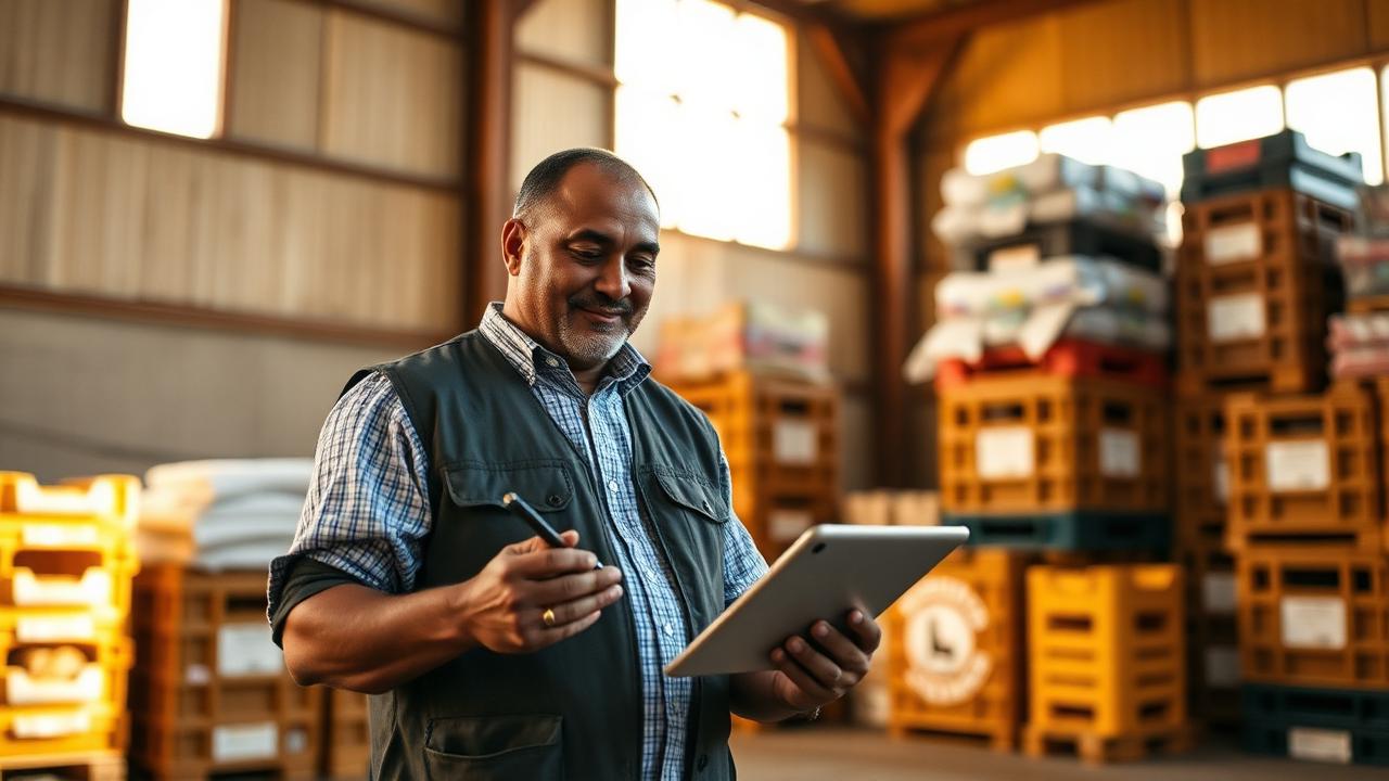 Field coordinator reviewing a tablet in a warehouse staging area surrounded by supply crates