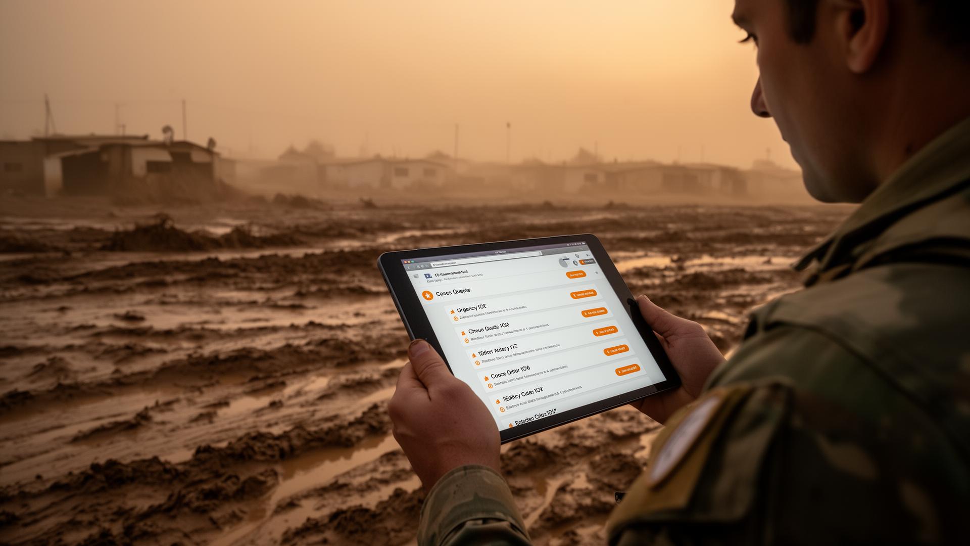 Field coordinator reviewing AidGrid's signal board on a tablet during a flooding response