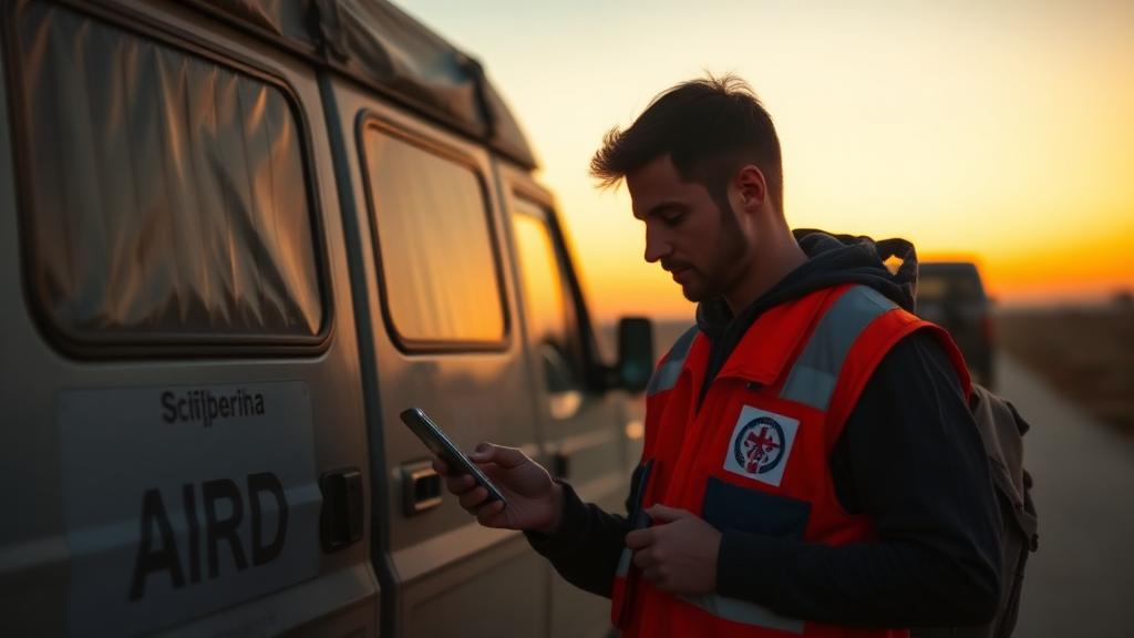 Aid worker in vest updating status on a phone beside a supply vehicle at dusk