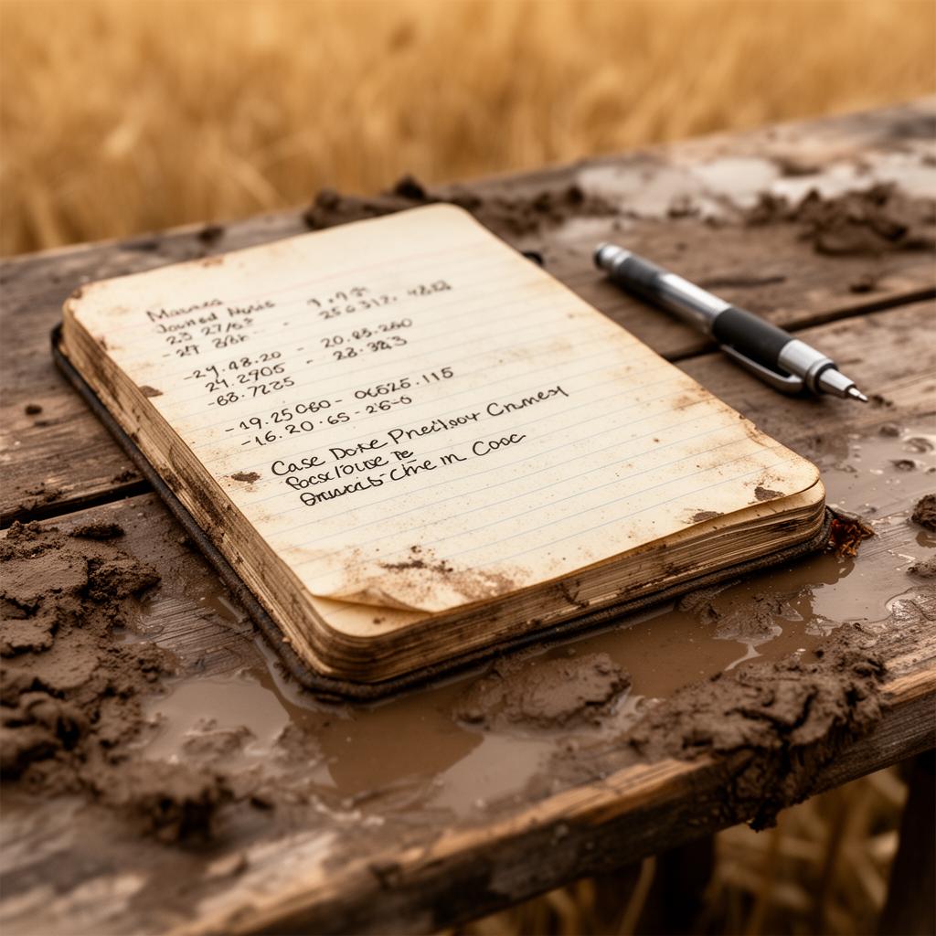 Weathered field notebook with handwritten coordinates