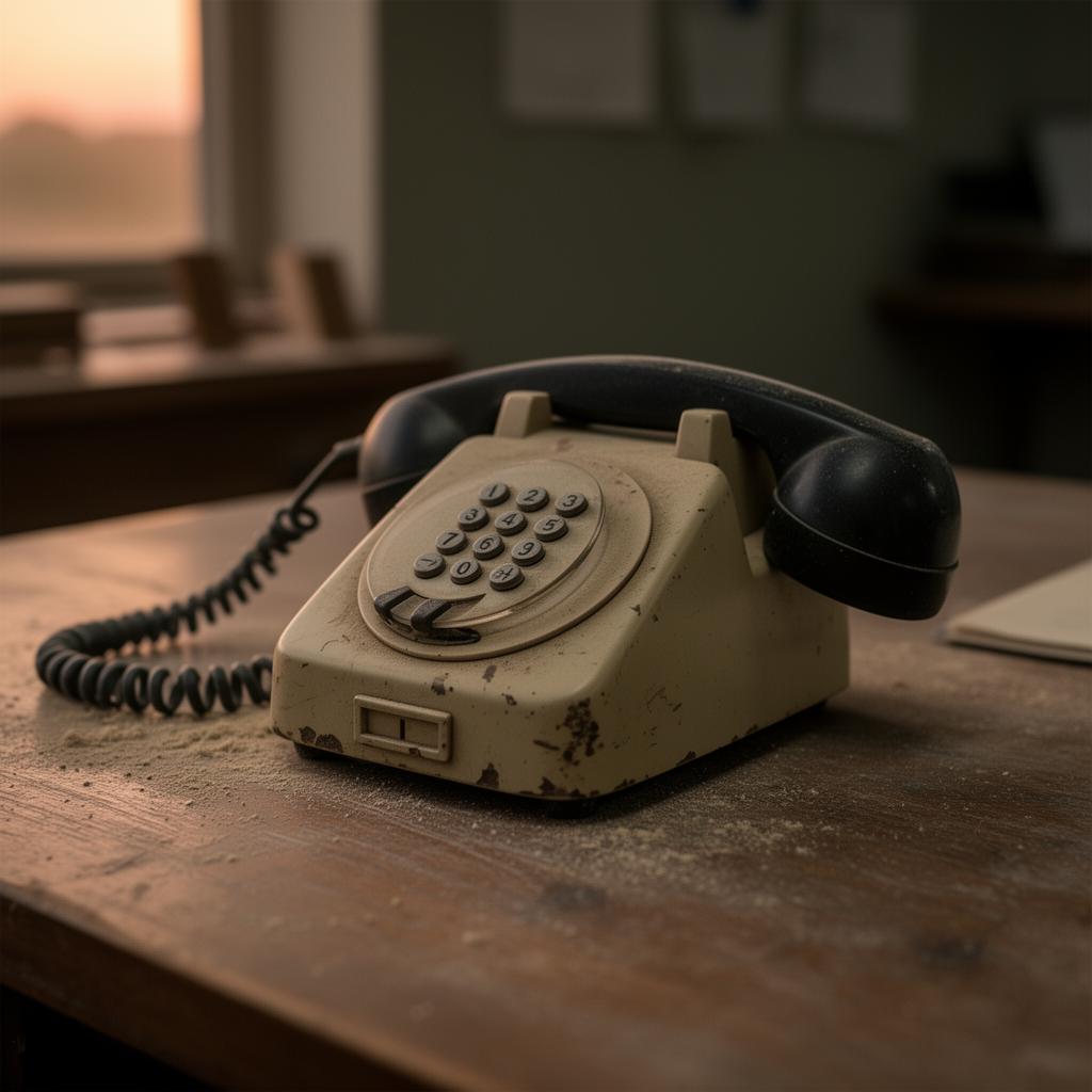 Vintage analog phone handset on a dusty field office surface