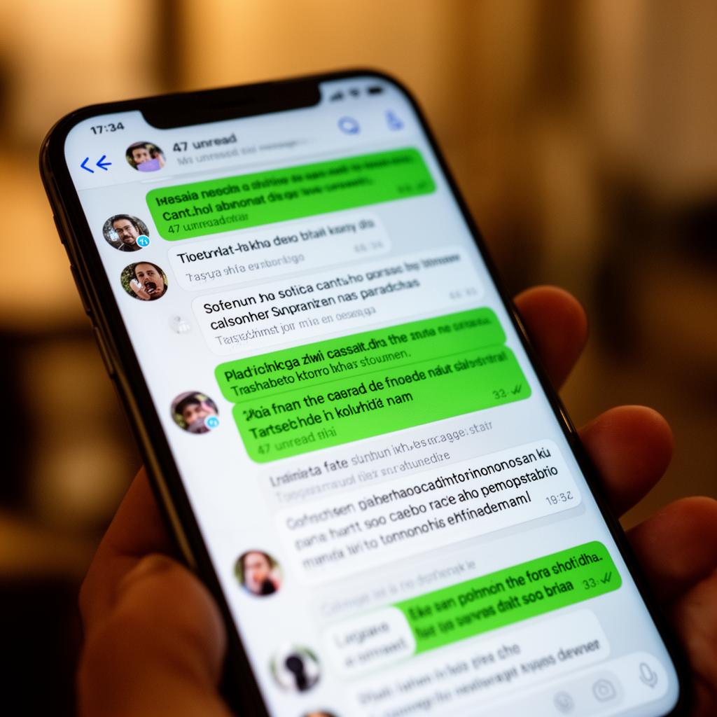 Smartphone showing a dense unread group chat thread