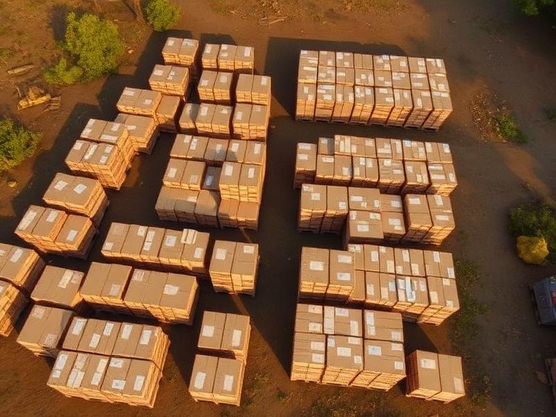 Aerial view of organized supply crates in a field logistics depot