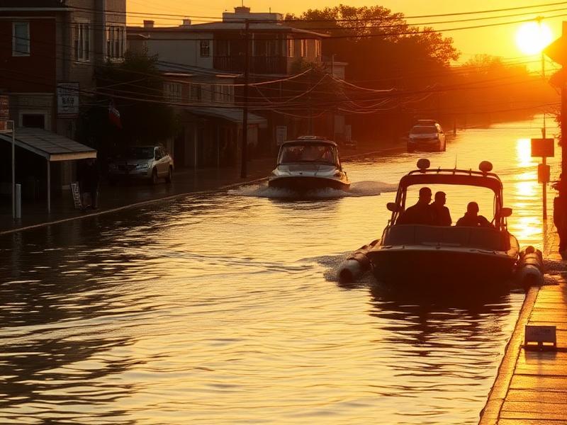 Rescue boats moving through a flooded street at golden hour