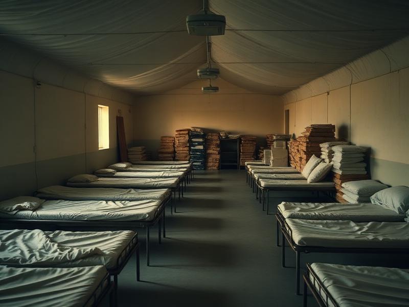 Emergency shelter interior with rows of cots and stacked aid supplies