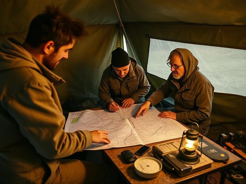 NGO coordination team reviewing maps at a makeshift field desk by lantern light