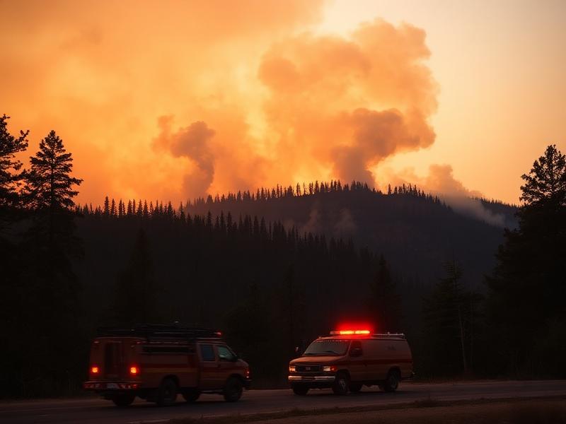 Wildfire smoke columns rising over a forested ridge with fire crew vehicles