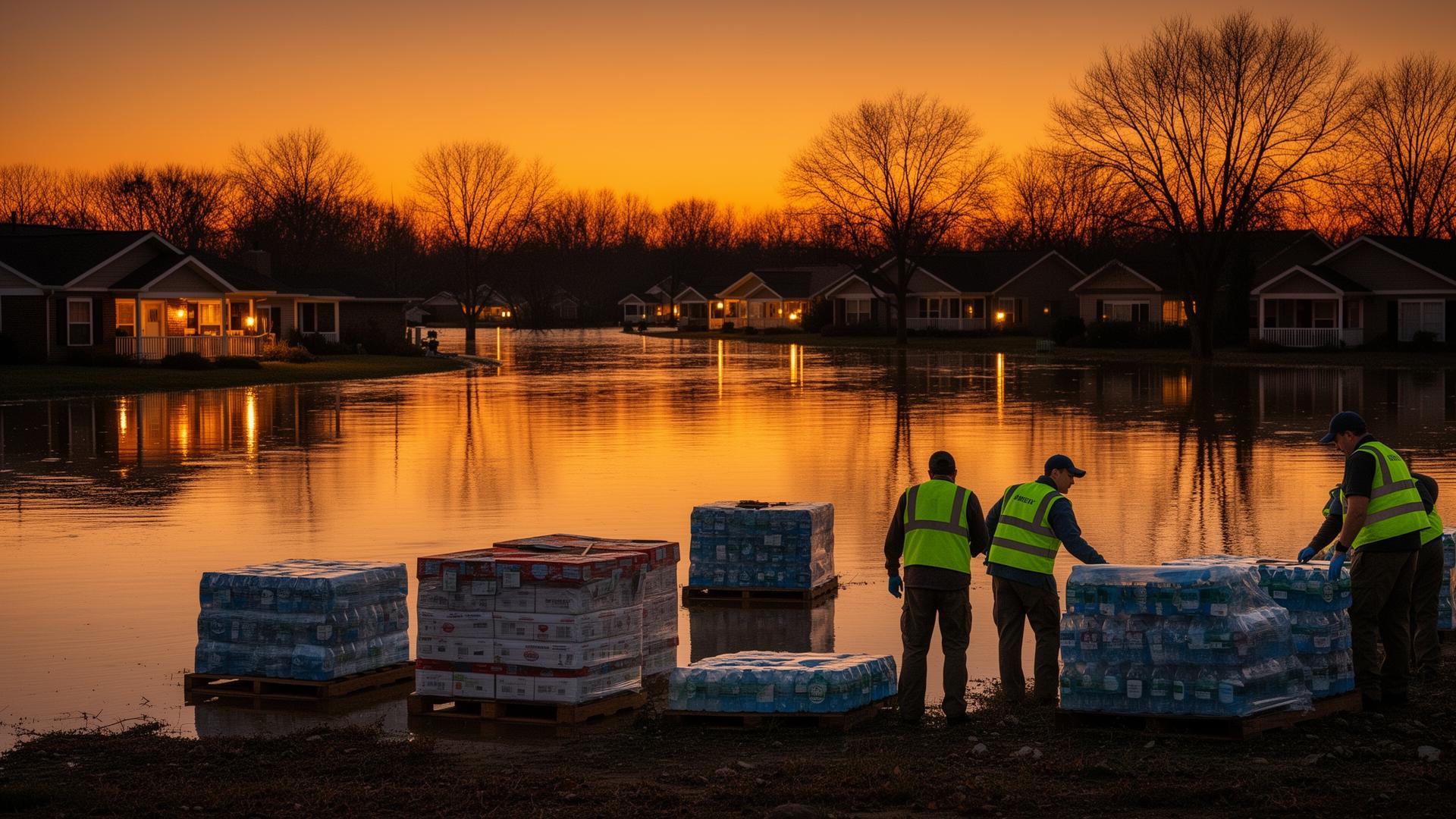 Aid workers staging water pallets on dry ground beside a flooded neighborhood at dusk