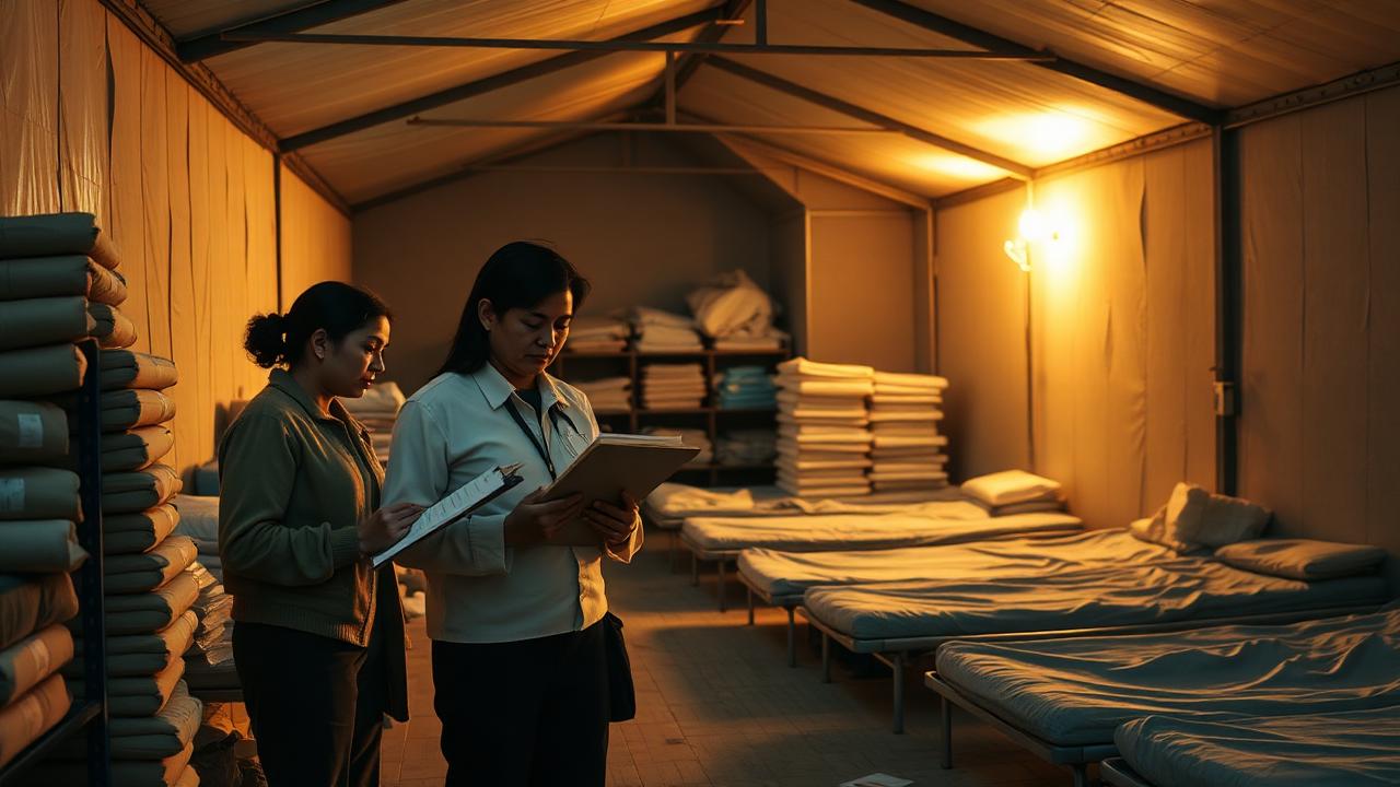 Shelter staff checking inventory clipboards beside neatly arranged cots and stacked supplies